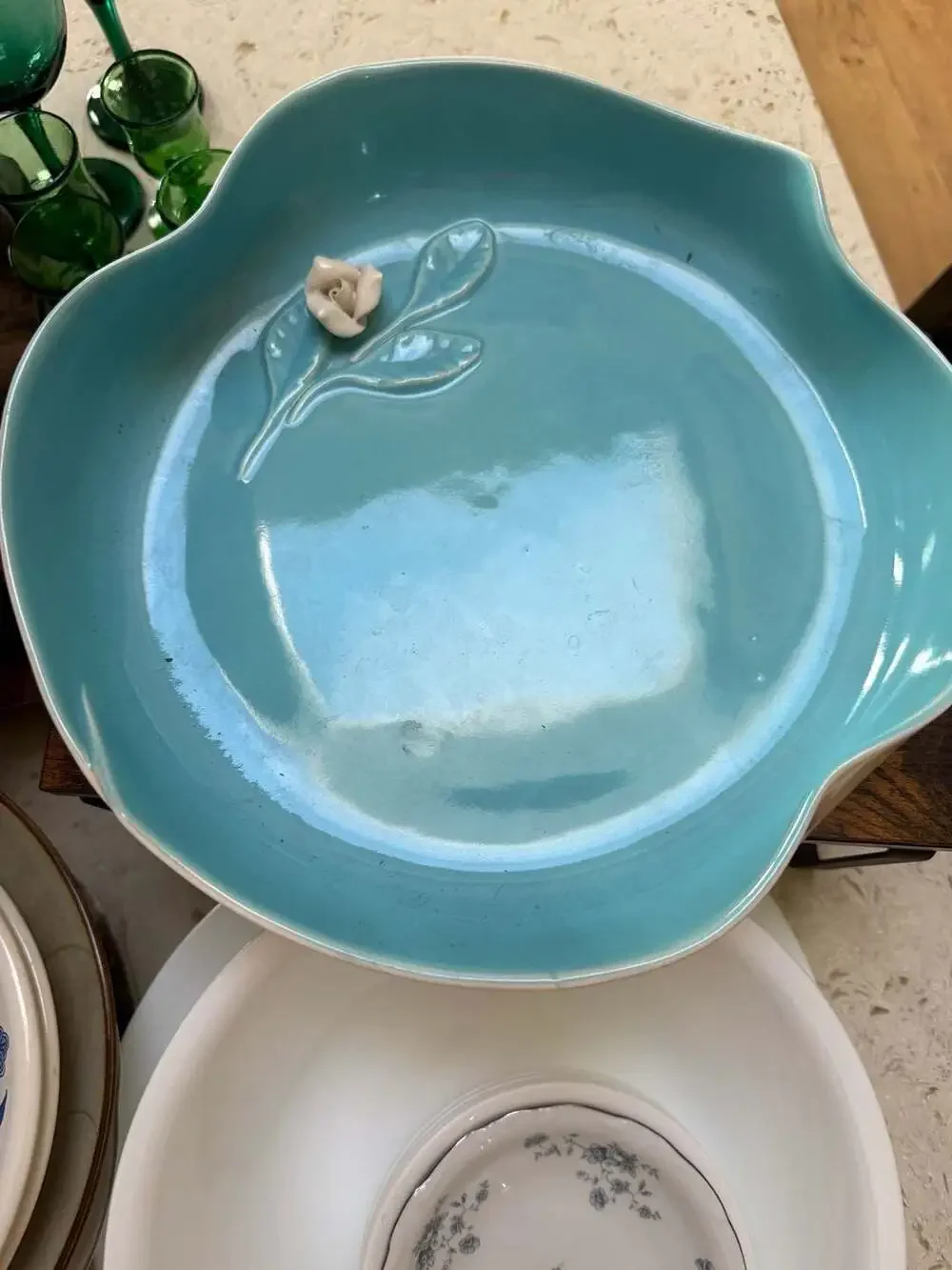 VTG  California Pottery Caliente Turquoise Aqua Rose Dish